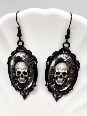 Floral Skull Halloween Black Lace Dangle Earrings Z226